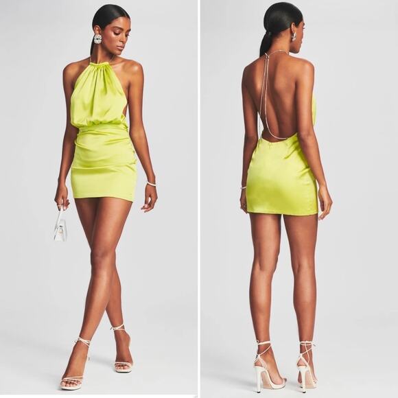 RETROFETE Anahita Silk Dress Mini Cocktail Halter Jewel Strap Neon Yellow NEW - Picture 1 of 10